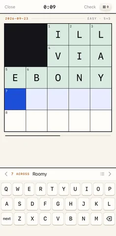 A five by five grid half solved, finished words in green.