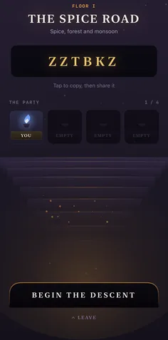 A floor's lobby: a room code to share and four places in the party.