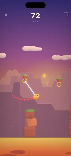 Grapple: a round orange swinger on a rope to a golden hook, over a lava canyon at sunset.